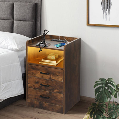 Levede Bedside Table Nightstand Usb Charger Outlet Rgb Led 3 Drawers Oak - image 1
