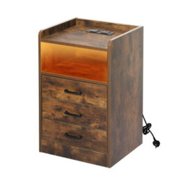 Levede Bedside Table Nightstand Usb Charger Outlet Rgb Led 3 Drawers Oak - thumbnail 2