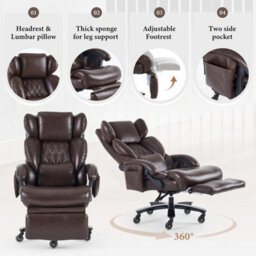 Abrihome New Pu Upholstered Massage Recliner With Footrest, Faux Leather Reclining Office Executive Chair, Swivel Computer Chair, Brown - thumbnail 3