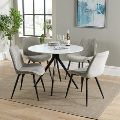 Core Products Aspen White 100Cm Round Dining Table With 4 Light Grey Cord Fabric Diamond Stitch Design Chairs - image 1