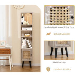 Costway 137Cm Rattan Storage Cabinet Freestanding Slim Cabinet Tall Bookcase - thumbnail 8