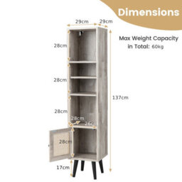Costway 137Cm Rattan Storage Cabinet Freestanding Slim Cabinet Tall Bookcase - thumbnail 3