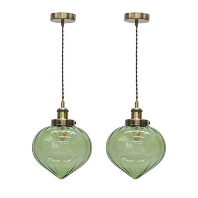 First Choice Lighting Set Of 2 Layla - Green And Antique Brass Ceiling Pendant Lights - image 1