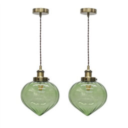 First Choice Lighting Set Of 2 Layla - Green And Antique Brass Ceiling Pendant Lights