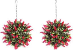 Pair Of Best Artificial 24Cm Red Lush Lavender Hanging Basket Flower Topiary Ball - Weather & Fade Resistant