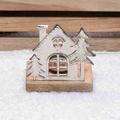 Silver Metal House & Christmas Tree Scene Tealight Holder On Wooden Base (11613)