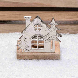 Silver Metal House & Christmas Tree Scene Tealight Holder On Wooden Base (11613)