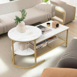 Pirlo Plush Faux Marble 2Pc Nesting Tables Set Living Room Furniture Gold - thumbnail 2