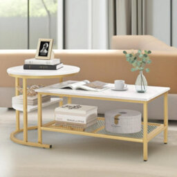 Pirlo Plush Faux Marble 2Pc Nesting Tables Set Living Room Furniture Gold - thumbnail 3