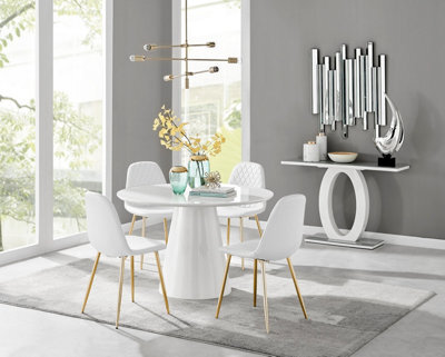 Furniturebox Palma White Marble Effect Round 4-6 Seater Pedestal Dining Table & 4 White Corona Faux Leather Gold Leg Chairs - image 1