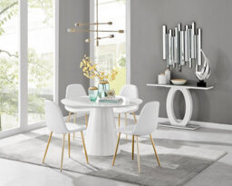 Furniturebox Palma White Marble Effect Round 4-6 Seater Pedestal Dining Table & 4 White Corona Faux Leather Gold Leg Chairs