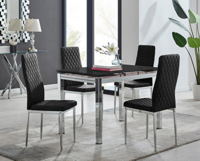 Furniturebox Uk Enna Black Glass Extending Dining Table And 4 Black Velvet Milan Chairs - image 1