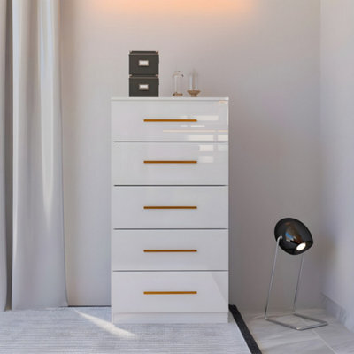 M N Furniture Ltd High Gloss Chest Of Drawers With Handles Modern Bedroom Storage-White 5 Drawers - image 1