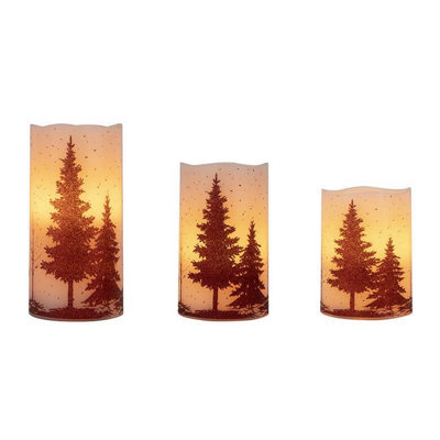 Set Of 3 Led Wax Candles Woodland Design, Real Wax Finish, Battery Operated, 10, 12.5 And 15Cm Heights