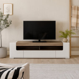 Wyld Haus Porto Wide Gloss White Tv Cabinet With Oak Detail 2 Doors 2 Drawers