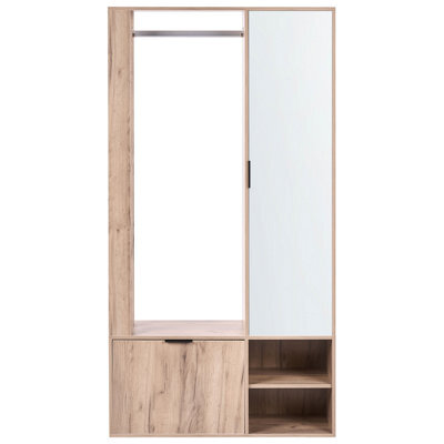 Wyld And Coco Wardrobeco Light Brown Chipboard Hallway Wardrobe 100 X 35 X 190 Cm With Coat Rack, Shoe Cubbies And Mirrored Door - image 1