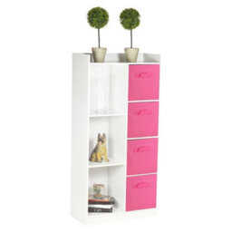 Urbn-Living Urbnliving Height 128Cm Tall Wooden White 7 Cube Bookcase With Dark Pink Drawers Shelving Display Storage Unit Cabinet Shelves