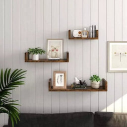 Set Of 3 U-Shaped Wooden Wall Mounted Floating Display Shelves Decorative & Creative Office Living Room Bedroom Load 5Kg Walnut - thumbnail 2