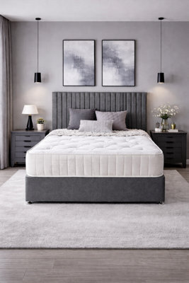 Comfy Deluxe Grey Linen  4Ft6 Double Divan Bed Set With Headboard And Mattress Storage 2  Drawers Same Sides - image 1