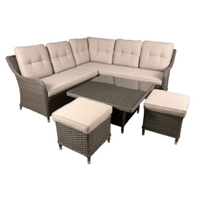 Dellonda Chester Garden Rattan Corner Sofa Lounger, Table & Stool Set, Brown - image 1