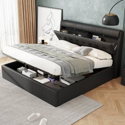 Matteo King Size Black Faux Leather Ottoman Bed Frame With Headboard Storage - 150X200Cm - image 1