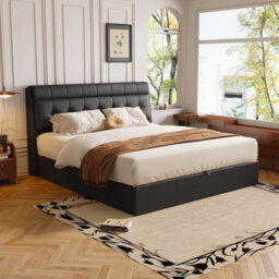 Matteo King Size Black Faux Leather Ottoman Bed Frame With Headboard Storage - 150X200Cm - thumbnail 6