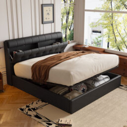 Matteo King Size Black Faux Leather Ottoman Bed Frame With Headboard Storage - 150X200Cm - thumbnail 3