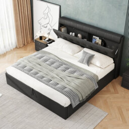Matteo King Size Black Faux Leather Ottoman Bed Frame With Headboard Storage - 150X200Cm - thumbnail 2