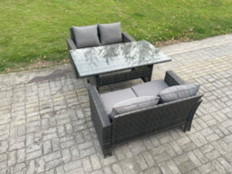 Fimous Dark Grey Pe Wicker Rattan Garden Furniture Set Love Sofa Outdoor Rectangular Dining Table - thumbnail 2
