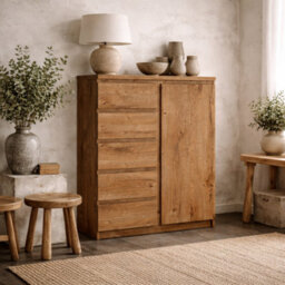 Wyld Haus Hemingway Tall Natural Oak Chest Of Drawers With 1 Door And 5 Drawers