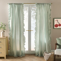 Ohs Gingham Frill Voile Net Curtain Pair Window Panels Slot Top Set - Sage - thumbnail 1