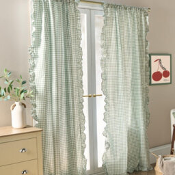 Ohs Gingham Frill Voile Net Curtain Pair Window Panels Slot Top Set - Sage - thumbnail 2