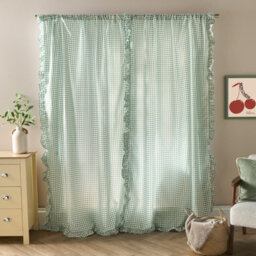 Ohs Gingham Frill Voile Net Curtain Pair Window Panels Slot Top Set - Sage - thumbnail 3