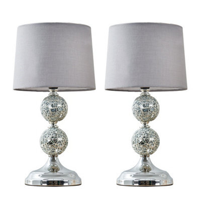 Valuelights Harmony Pair Of Harmony Chrome And Mosaic Crackle Glass Table Lamps With Grey Shade - image 1