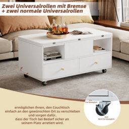 Btm Lift Top Coffee Table With Wheels, 4 Drawers And 2 Lifting Platforms, Extendable Dining And Work Table, White, 100X50X47.5Cm - thumbnail 8