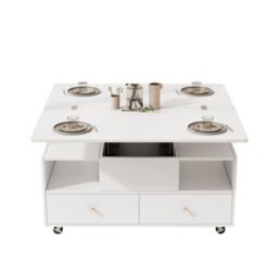 Btm Lift Top Coffee Table With Wheels, 4 Drawers And 2 Lifting Platforms, Extendable Dining And Work Table, White, 100X50X47.5Cm - thumbnail 7