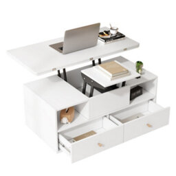 Btm Lift Top Coffee Table With Wheels, 4 Drawers And 2 Lifting Platforms, Extendable Dining And Work Table, White, 100X50X47.5Cm - thumbnail 9