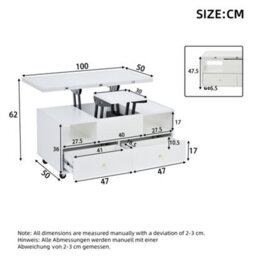Btm Lift Top Coffee Table With Wheels, 4 Drawers And 2 Lifting Platforms, Extendable Dining And Work Table, White, 100X50X47.5Cm - thumbnail 4