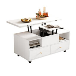 Btm Lift Top Coffee Table With Wheels, 4 Drawers And 2 Lifting Platforms, Extendable Dining And Work Table, White, 100X50X47.5Cm - thumbnail 3