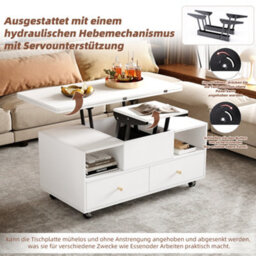 Btm Lift Top Coffee Table With Wheels, 4 Drawers And 2 Lifting Platforms, Extendable Dining And Work Table, White, 100X50X47.5Cm - thumbnail 6