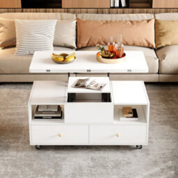 Btm Lift Top Coffee Table With Wheels, 4 Drawers And 2 Lifting Platforms, Extendable Dining And Work Table, White, 100X50X47.5Cm - thumbnail 5