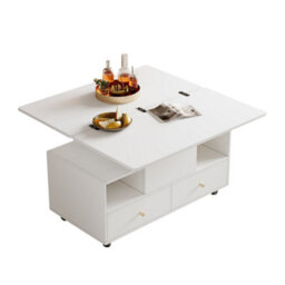 Btm Lift Top Coffee Table With Wheels, 4 Drawers And 2 Lifting Platforms, Extendable Dining And Work Table, White, 100X50X47.5Cm - thumbnail 2
