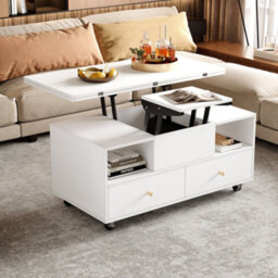 Btm Lift Top Coffee Table With Wheels, 4 Drawers And 2 Lifting Platforms, Extendable Dining And Work Table, White, 100X50X47.5Cm