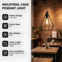 Ledsone 3 Pack Industrial Black Metal Pendant Light Shade With E27 Bulb Kitchen Loft Or Bar - thumbnail 9