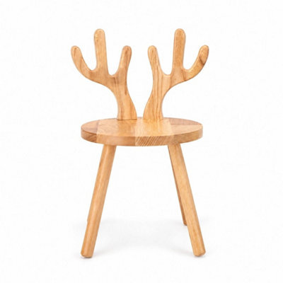 Wooden Chair With Deer Antler Backrest, Round Wood Stool - image 1