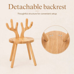 Wooden Chair With Deer Antler Backrest, Round Wood Stool - thumbnail 6