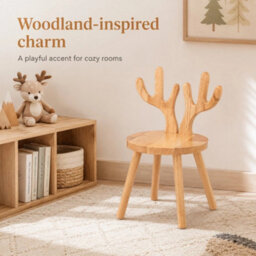 Wooden Chair With Deer Antler Backrest, Round Wood Stool - thumbnail 5
