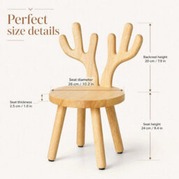 Wooden Chair With Deer Antler Backrest, Round Wood Stool - thumbnail 2