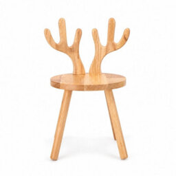 Wooden Chair With Deer Antler Backrest, Round Wood Stool - thumbnail 1