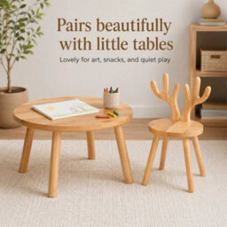 Wooden Chair With Deer Antler Backrest, Round Wood Stool - thumbnail 4